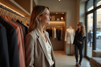 Femme élégante admire vêtements de luxe en boutique