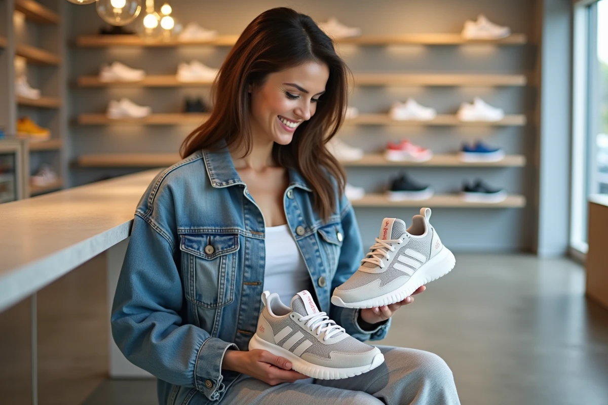 Femme admirant des sneakers rares dans une boutique moderne