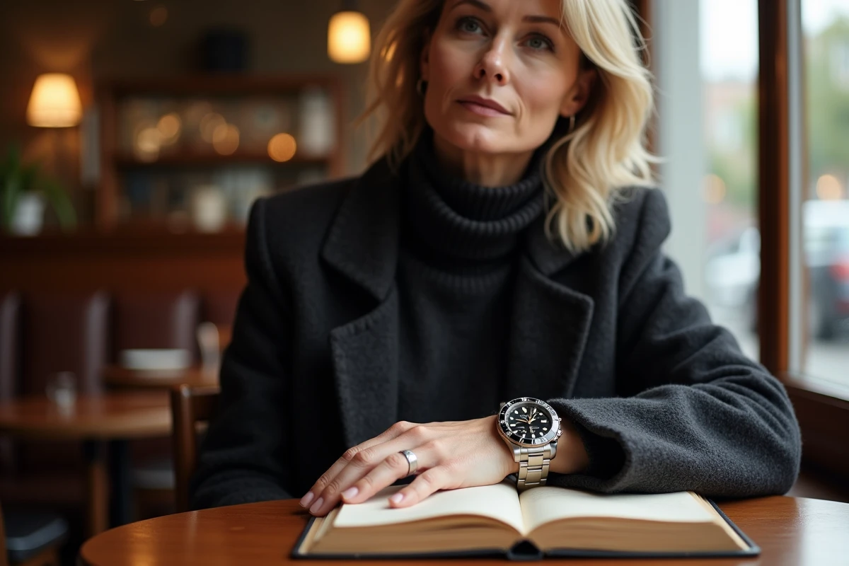 Femme au café portant une montre GMT dans un cadre décontracté