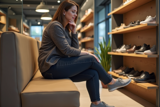 Femme assise essayant des chaussures de marche modernes