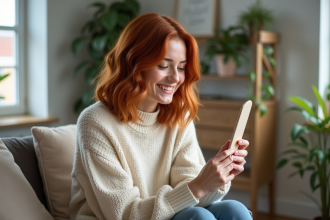 Femme souriante admire ses cheveux copper dans un miroir