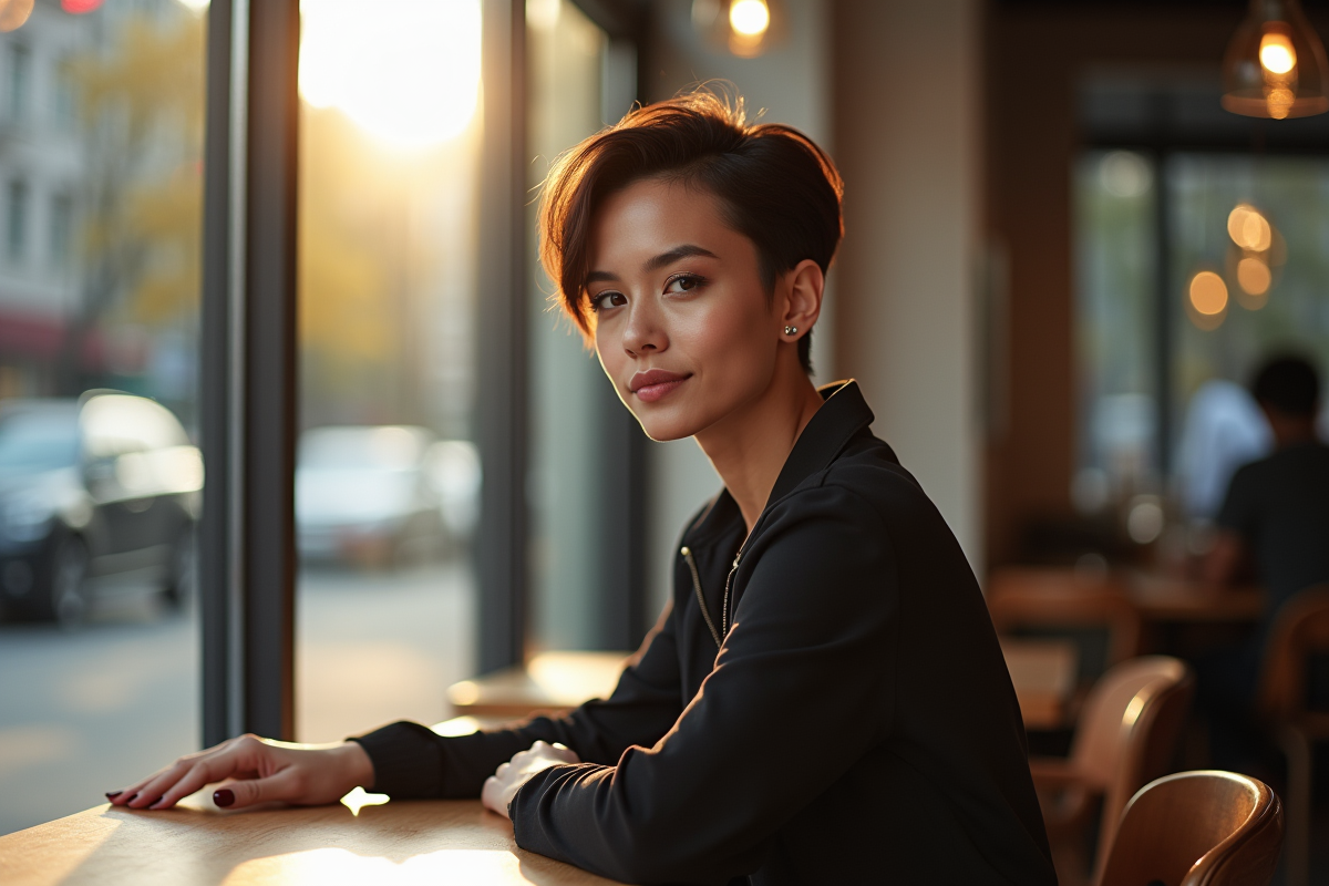 Femme confiante avec coupe courte dans un café lumineux