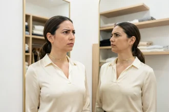 Femme aux épaules larges essayant un collier ras de cou devant un miroir pour évaluer l'harmonie avec sa morphologie