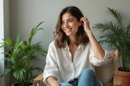 Femme confiante souriante dans un int&eacute;rieur cosy et moderne