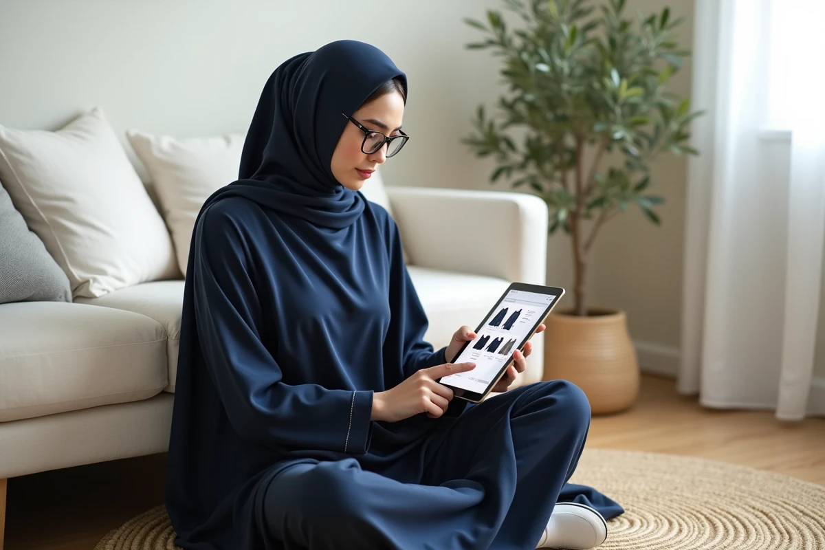 Femme portant un djilbeb bleu marine consultant une boutique en ligne sur tablette pour vérifier les critères d'achat