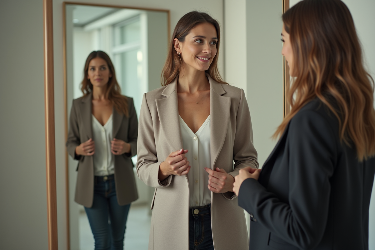 Femme essaie un blazer Zara dans une cabine lumineuse