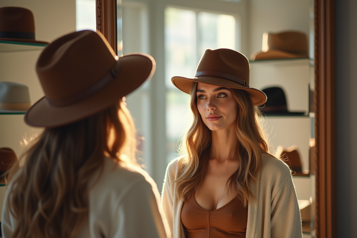 Jeune femme essayant plusieurs casquettes dans une boutique lumineuse
