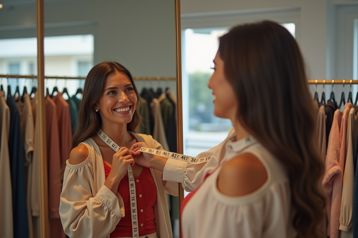 Femme souriante essayant des vêtements dans un magasin lumineux
