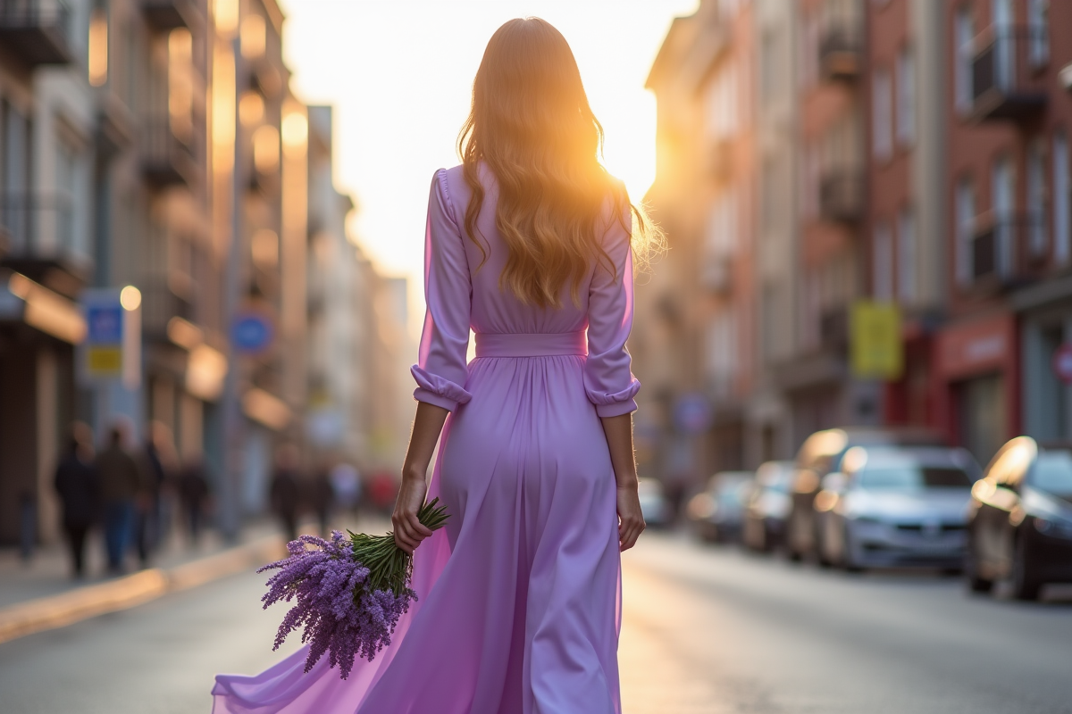 Femme en robe lilas marchant en ville au printemps