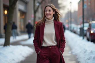 Femme souriante en hiver dans la ville avec pantalon en laine