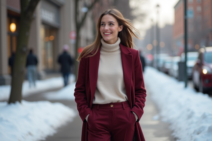Femme souriante en hiver dans la ville avec pantalon en laine