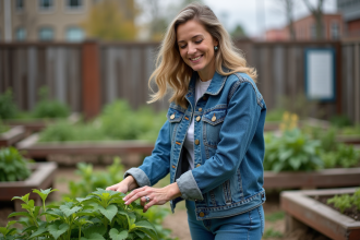 Femme en denim dans un jardin urbain verdoyant