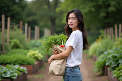 Jeune femme avec tote bag de l&eacute;gumes bio dans un jardin