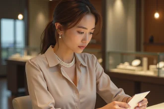 Femme élégante examinant un collier de perles dans une bijouterie