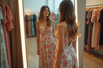 Femme souriante dans une boutique chic portant une robe d'été tendance