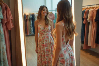 Femme souriante dans une boutique chic portant une robe d'été tendance