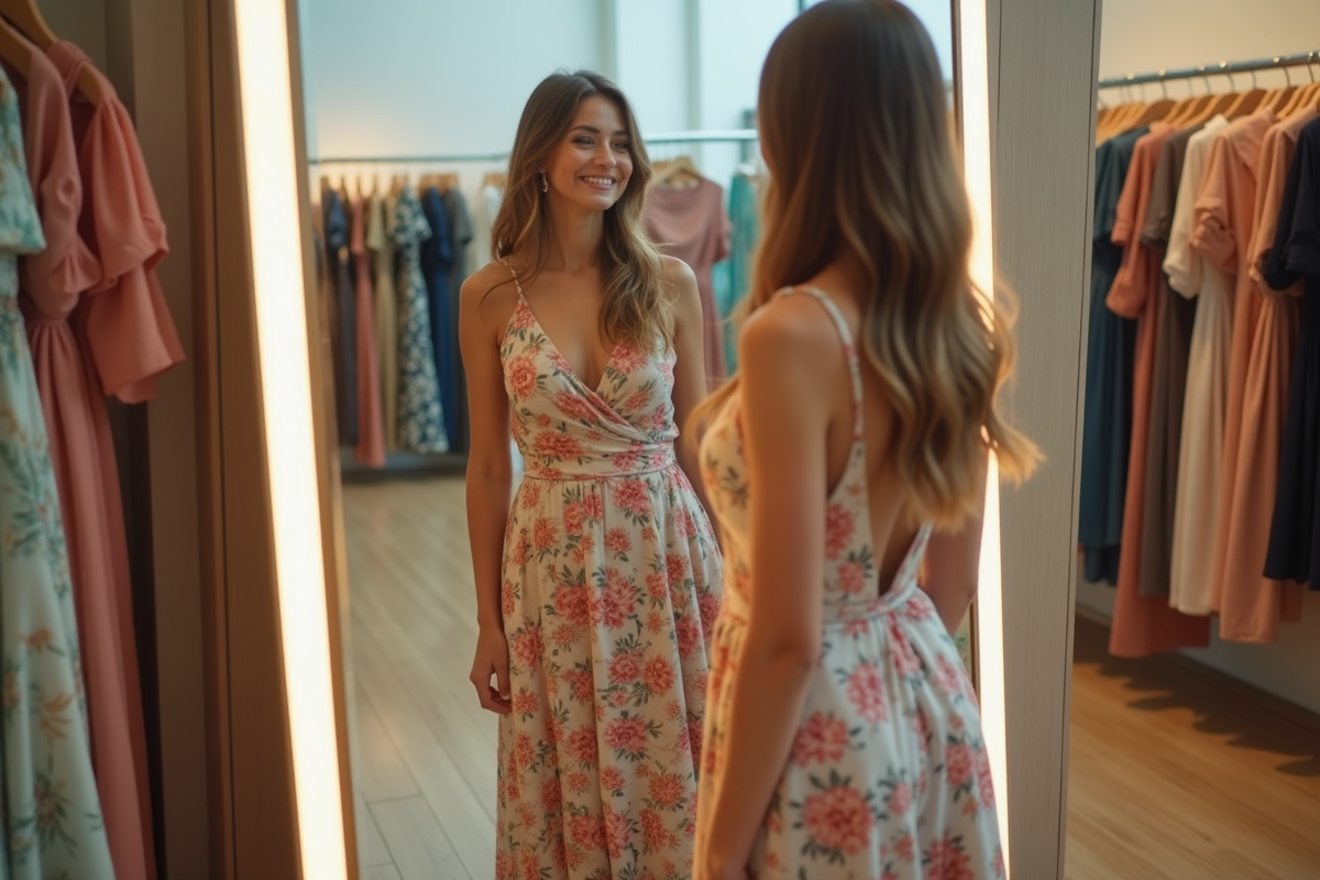 Femme souriante dans une boutique chic portant une robe d'été tendance