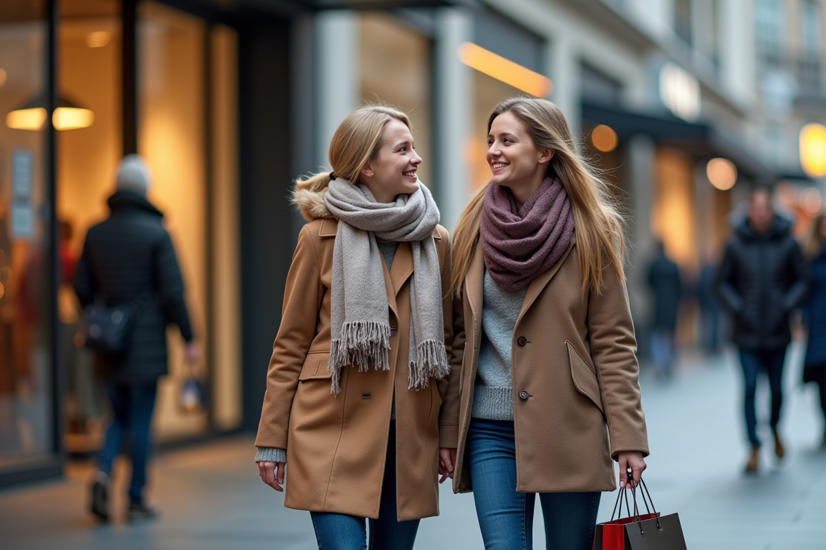 Mère et fille souriantes devant un centre commercial