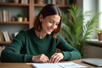 Jeune femme mesurant une bague avec un ruban