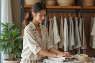 Jeune femme en mode minimaliste pliant des vêtements écologiques