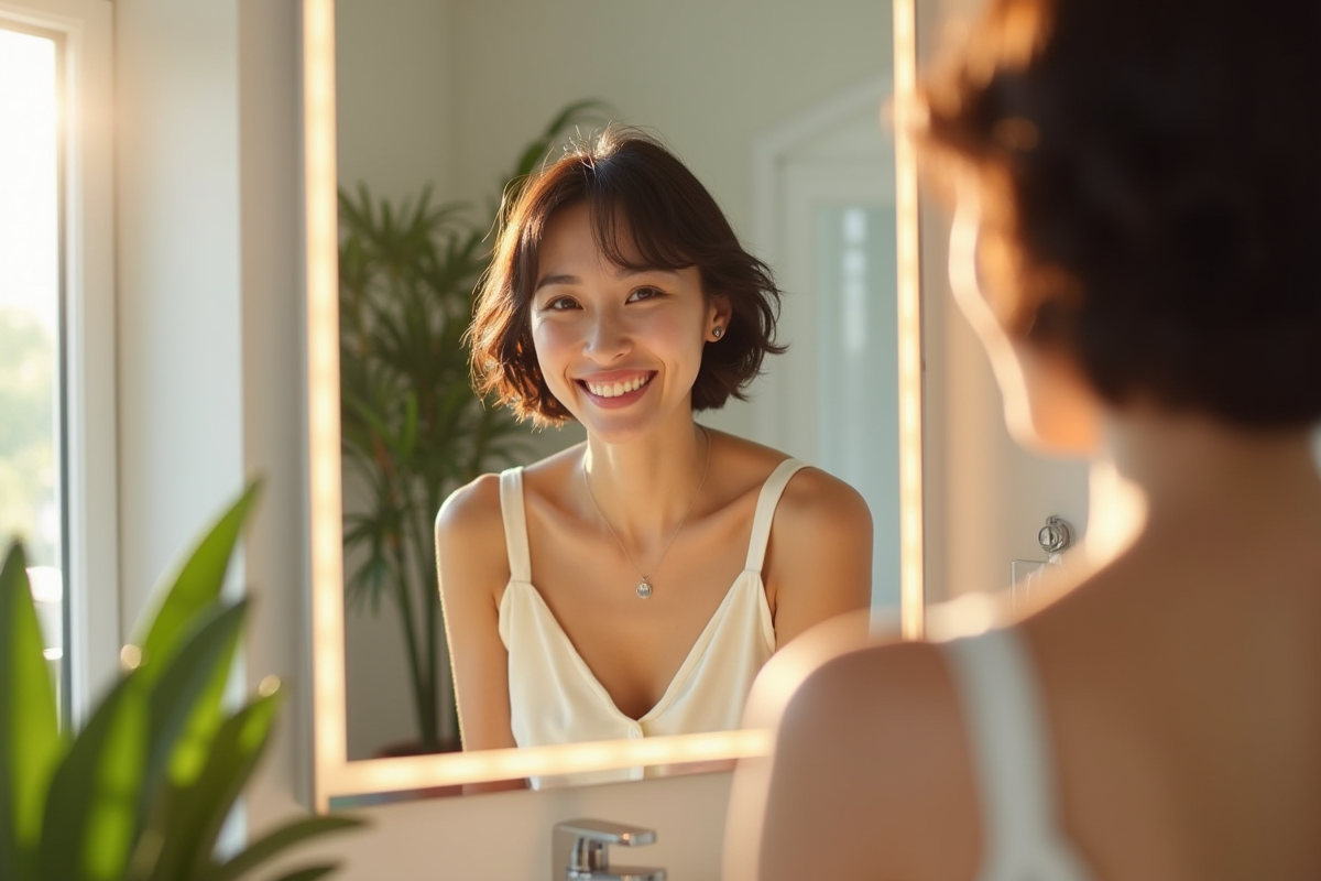 Femme souriante se regardant dans un miroir dans une salle de bain lumineuse