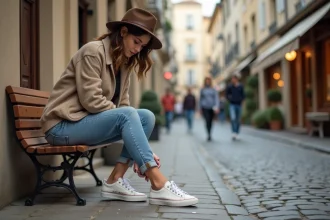 Femme française en mode assise sur un banc en ville en train de lacer ses sneakers