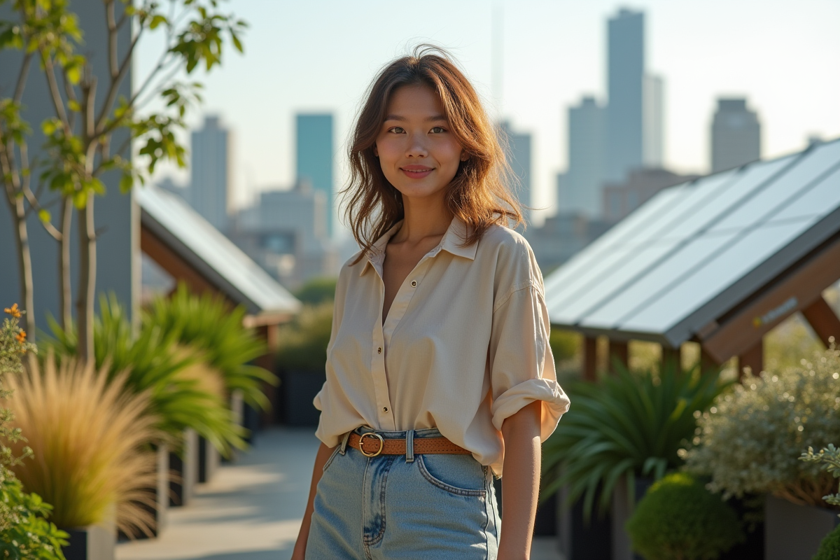 Jeune femme en vêtements durables sur toit urbain avec panneaux solaires