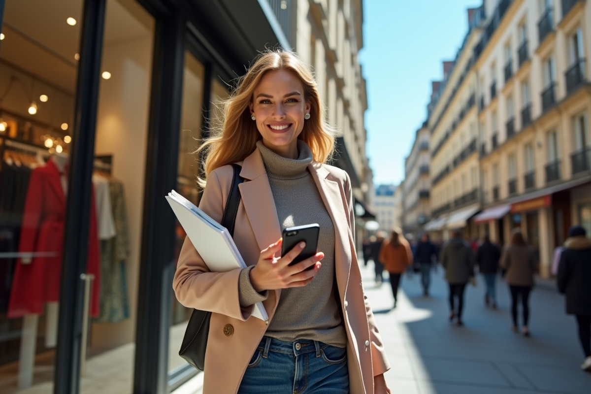 Femme stylée marchant devant une boutique parisienne