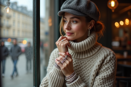 Femme élégante ajustant ses bracelets en café parisien