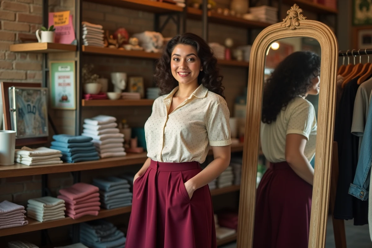 Femme ronde en jupe vintage années 50 et chemisier à pois devant un miroir ancien dans une boutique de vêtements vintage