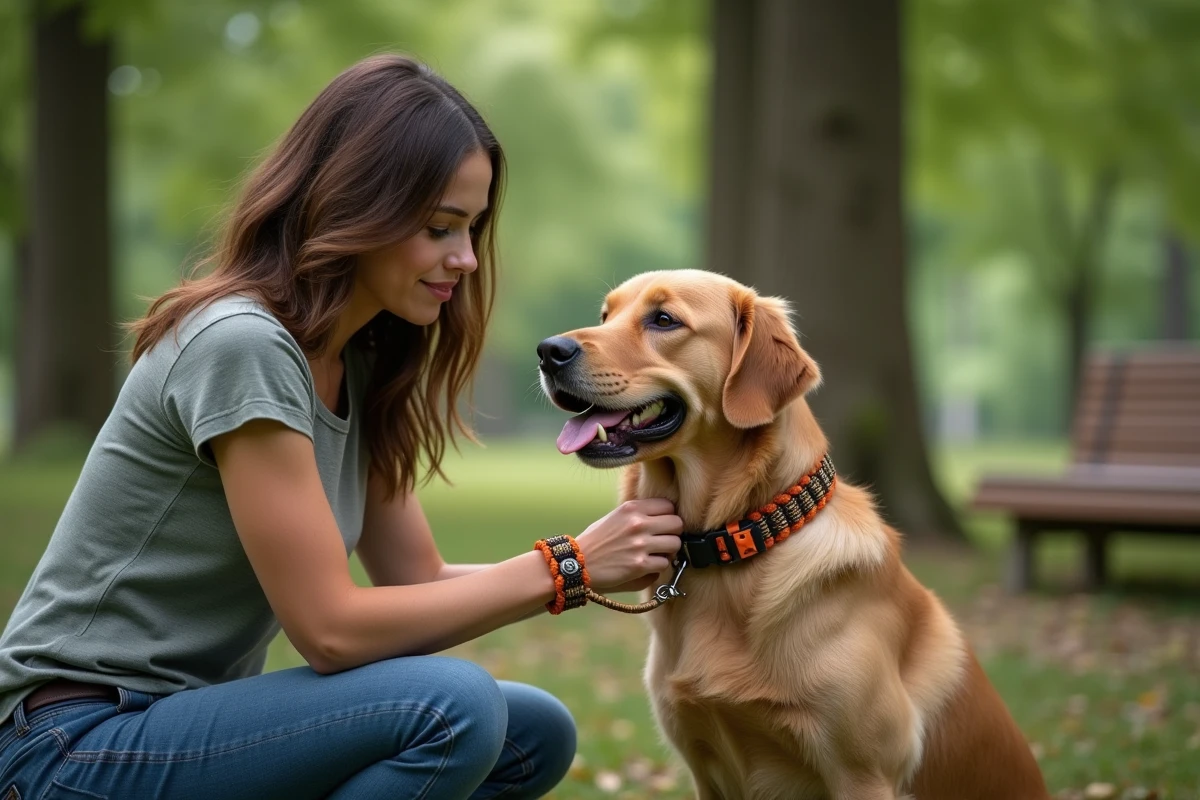 Jeune femme avec chien en parc avec collier paracord