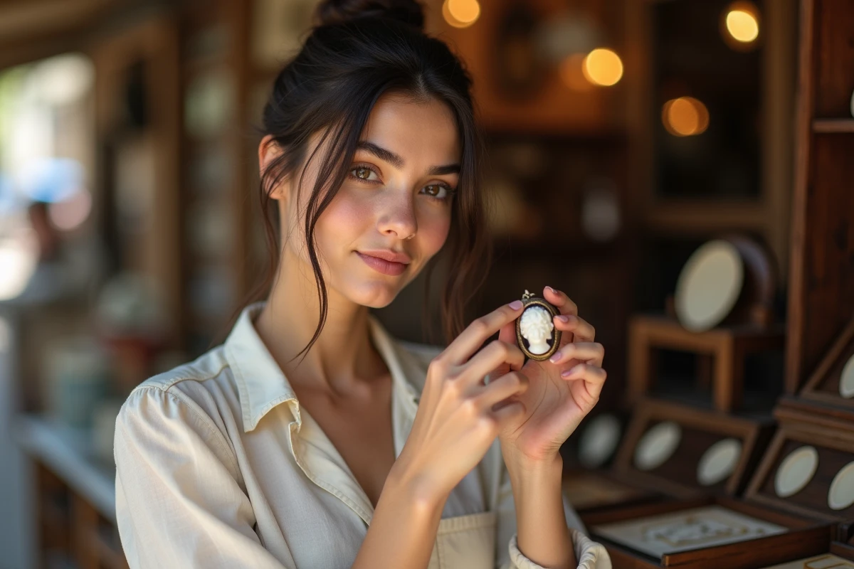 Jeune femme tenant un pendentif camée ovale sur un marché aux antiquités, regardant le bijou avec une expression contemplative et douce