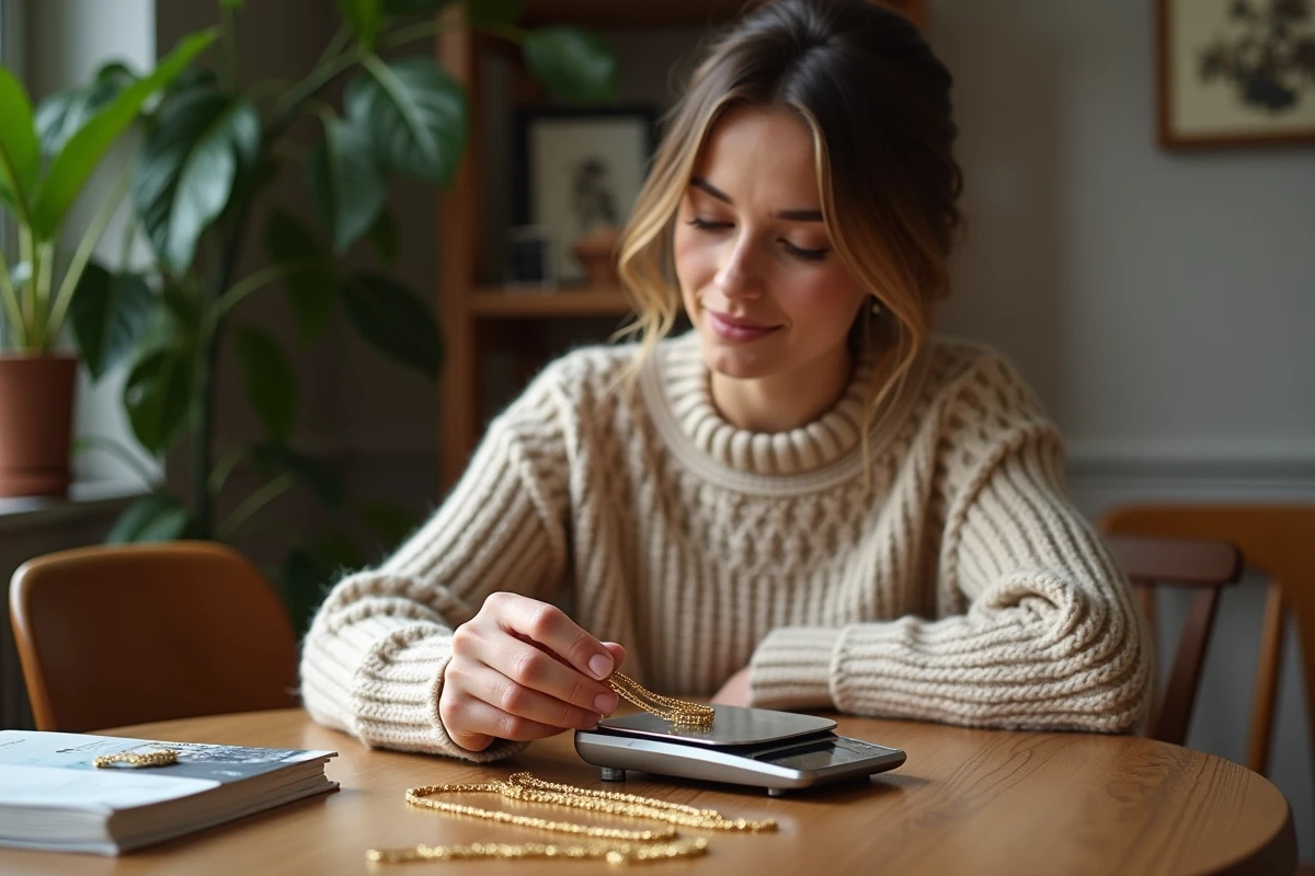 Femme p&egrave;se une cha&icirc;ne en or &agrave; la maison sur la table