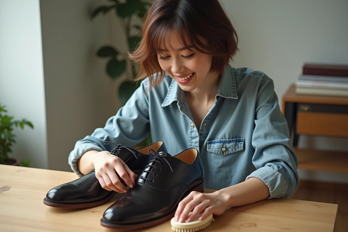 Jeune femme appliquant du cirage sur des chaussures noires