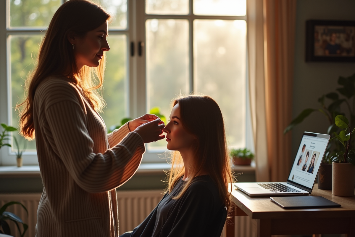 Femme pratiquant une coupe de cheveux sur un mannequin dans un salon improvisé