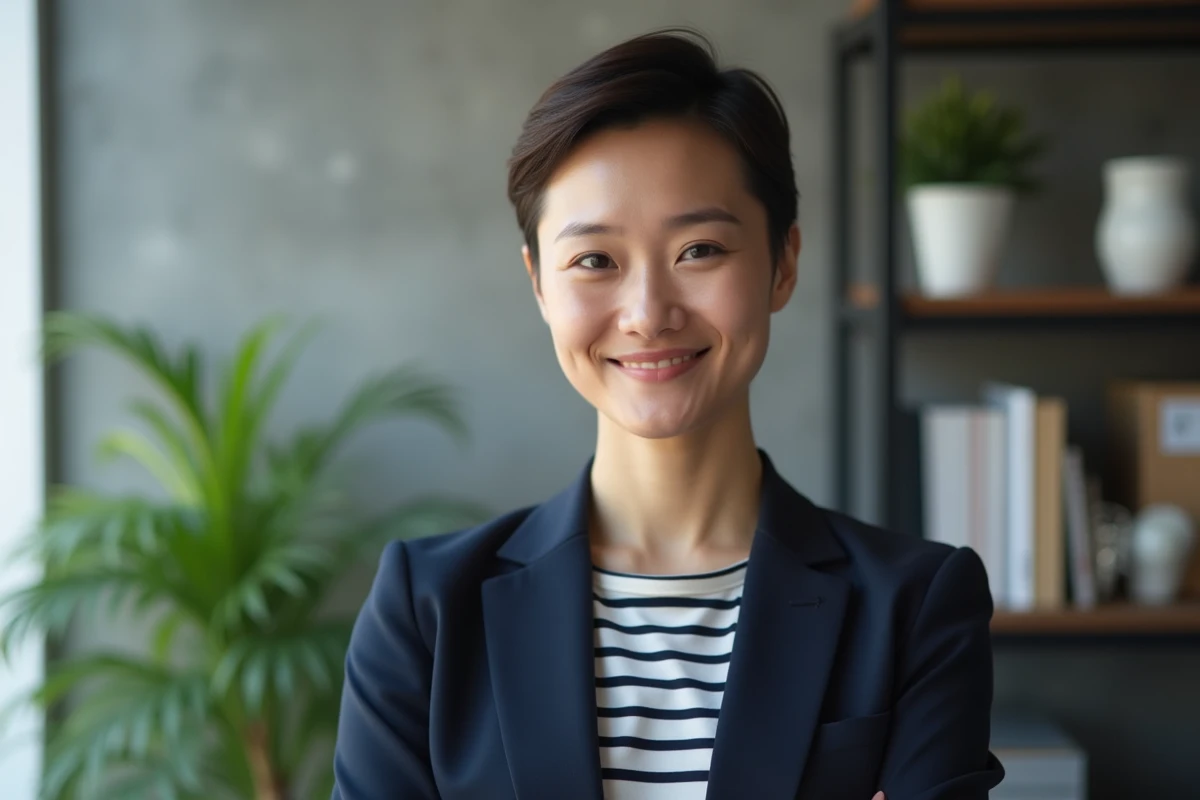 Femme confiante en blazer et casquette dans un intérieur moderne