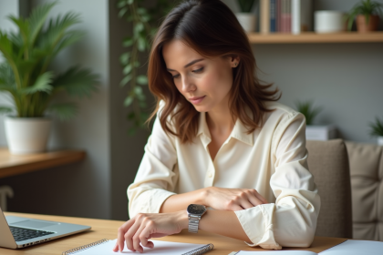 Femme contemplant sa montre en int&eacute;rieur moderne
