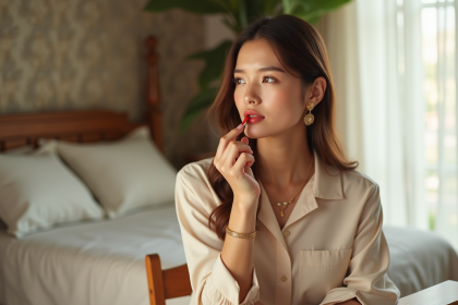 Femme élégante appliquant du rouge à lèvres dans un miroir