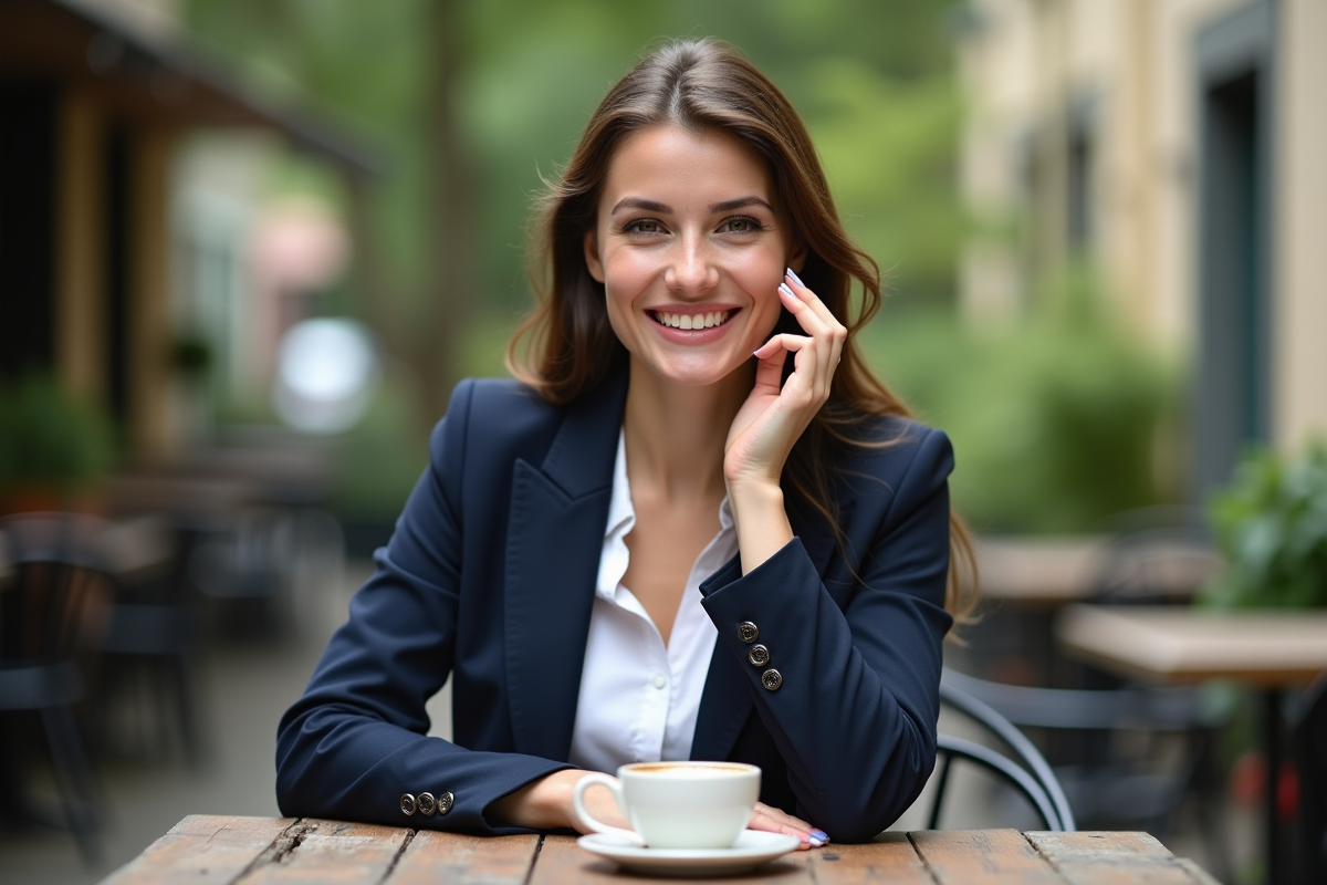 Jeune femme souriante réappliquant du rouge à lèvres au café