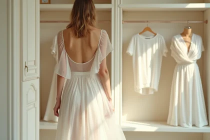 Femme portant une robe transparente en mousseline ivoire sur un jupon blanc structuré dans une boutique parisienne
