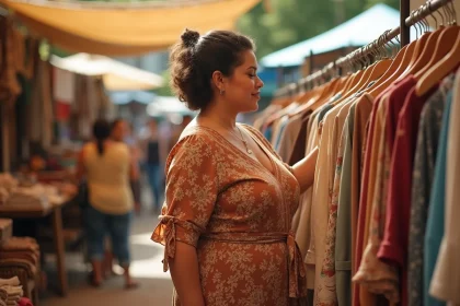 Femme ronde en robe vintage fleurie des années 70 dans un marché aux puces, parcourant des vêtements d'époque avec élégance et confiance