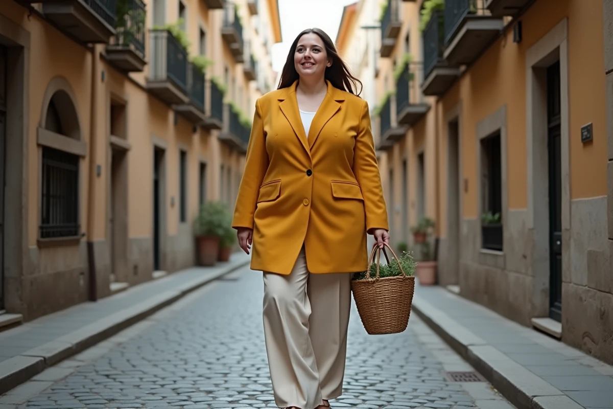 Femme ronde assumée en manteau vintage moutarde et pantalon rétro marchant dans une rue pavée européenne avec style et assurance