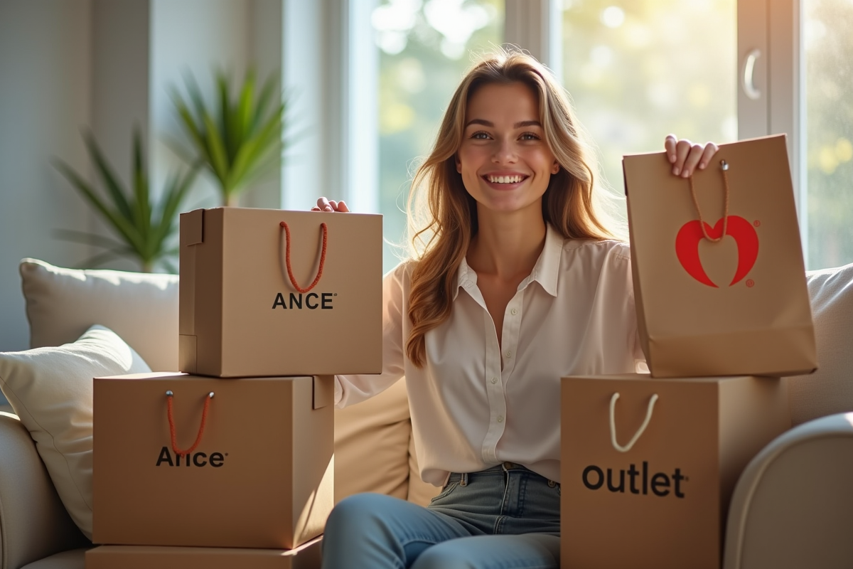 Femme souriante tenant un sac de shopping dans un salon lumineux