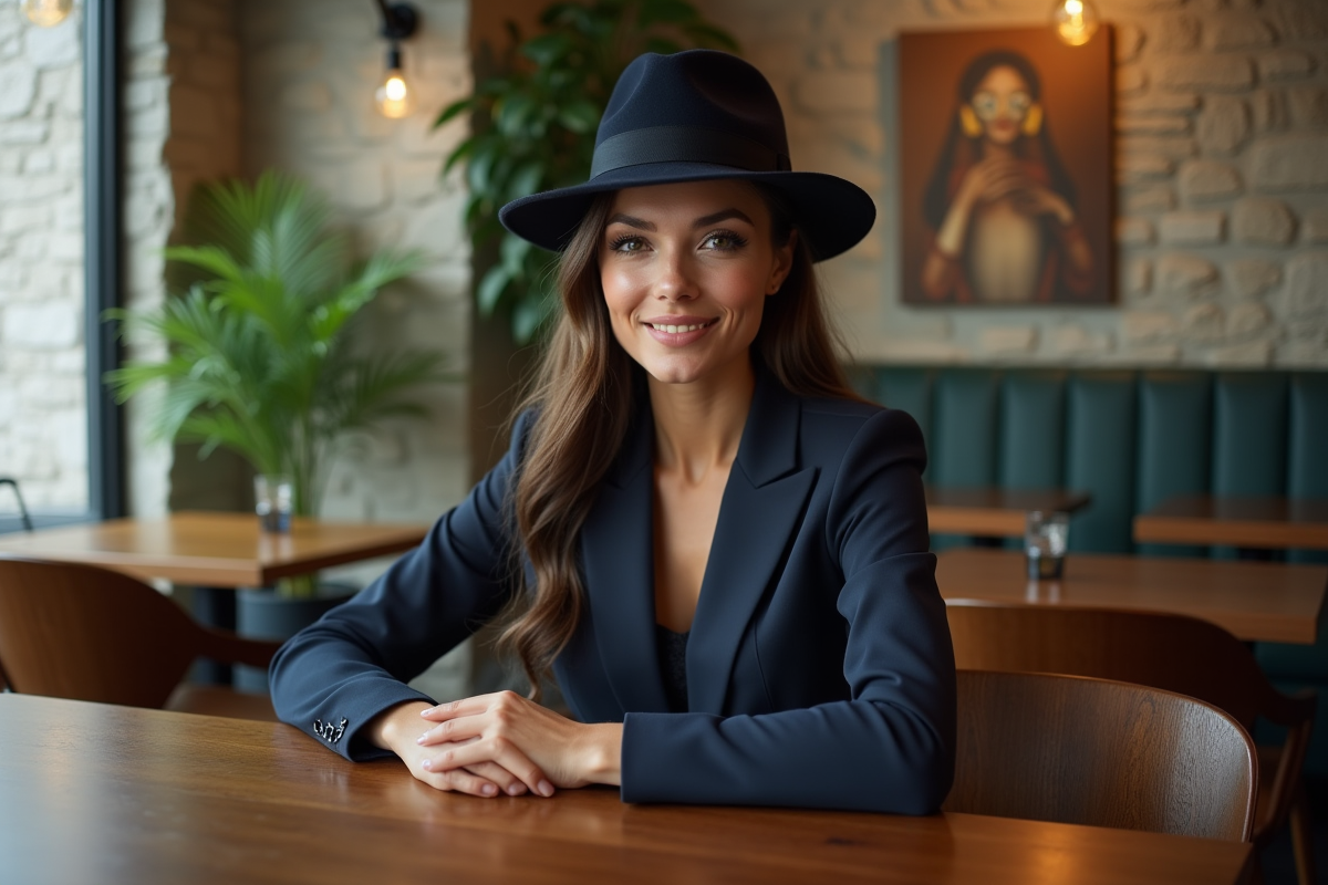 Femme élégante en costume navy dans un café moderne