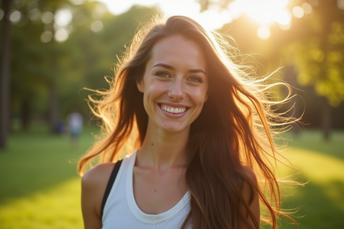 Femme souriante avec long cheveux dans un parc ensoleille