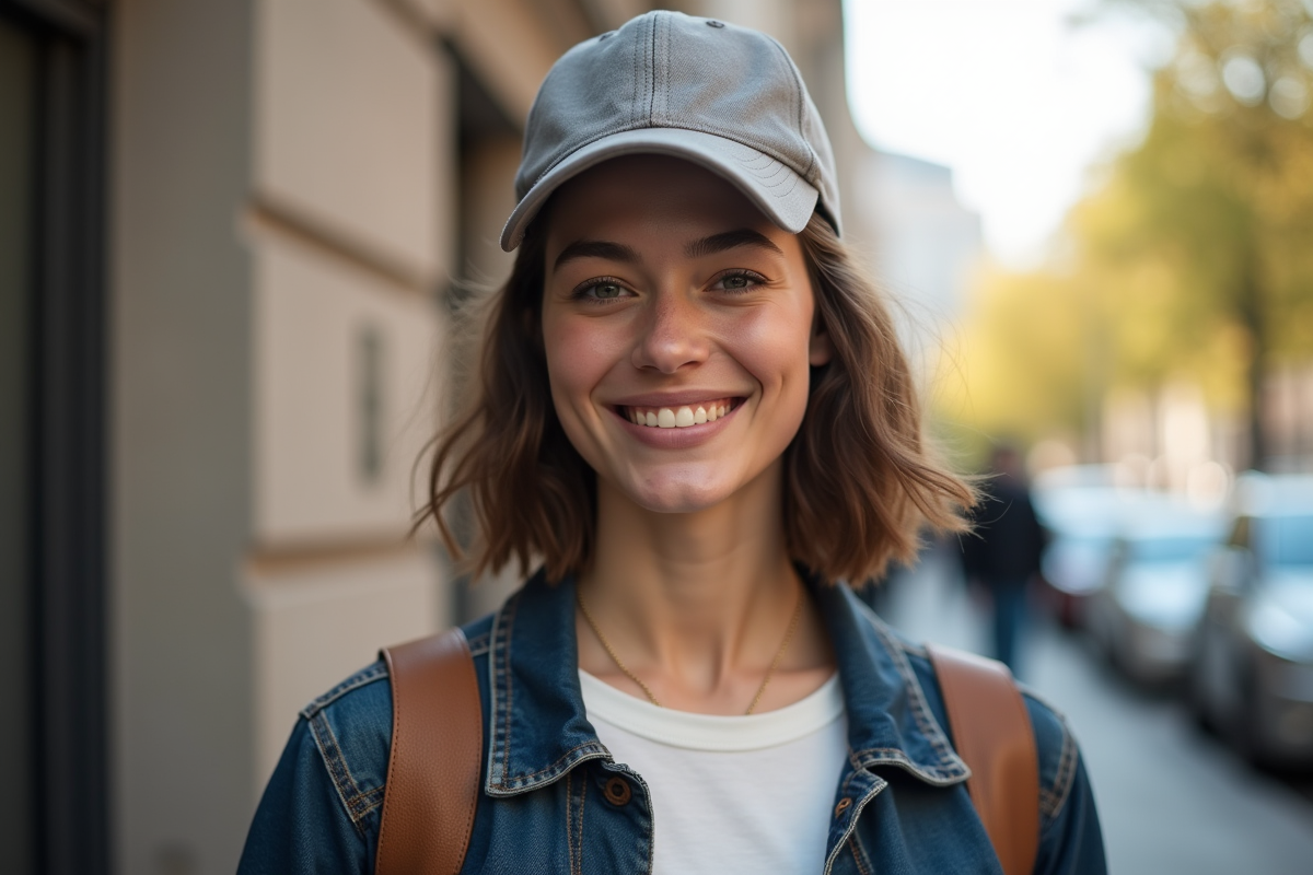 Femme souriante portant casquette dans la rue