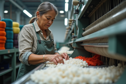 Femme d'âge moyen guidant des fibres de coton dans une usine textile