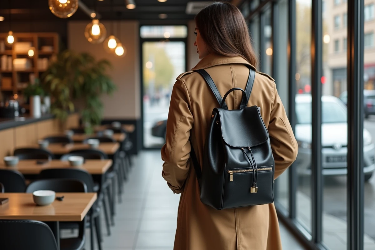 Femme avec trench dans un café moderne et lumineux