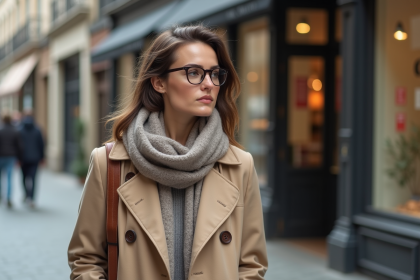 Femme élégante en trench beige dans la ville