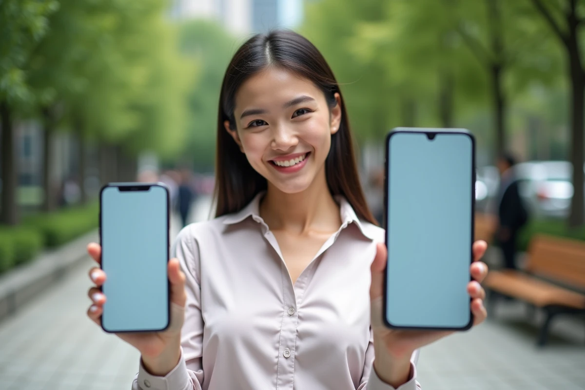 Jeune femme en ville tient deux smartphones 4x et 4XL
